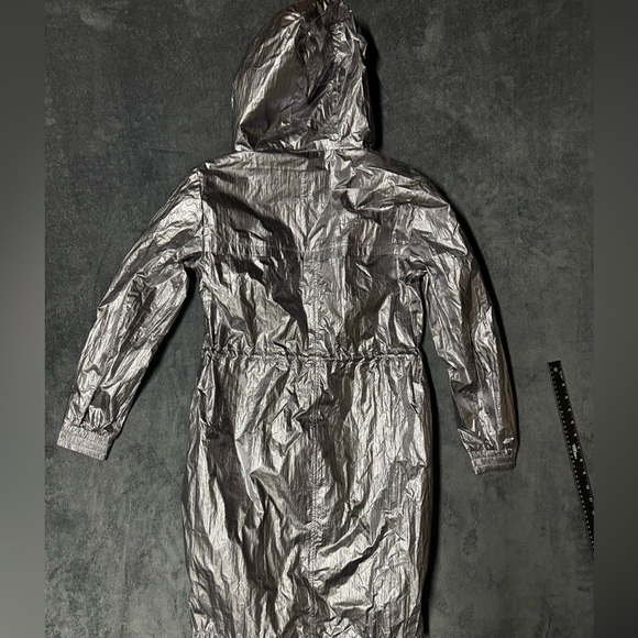 Avec Les Filles Metallic Silver Hooded Longline Rain Coat Trench Pockets Size S - Picture 8 of 8
